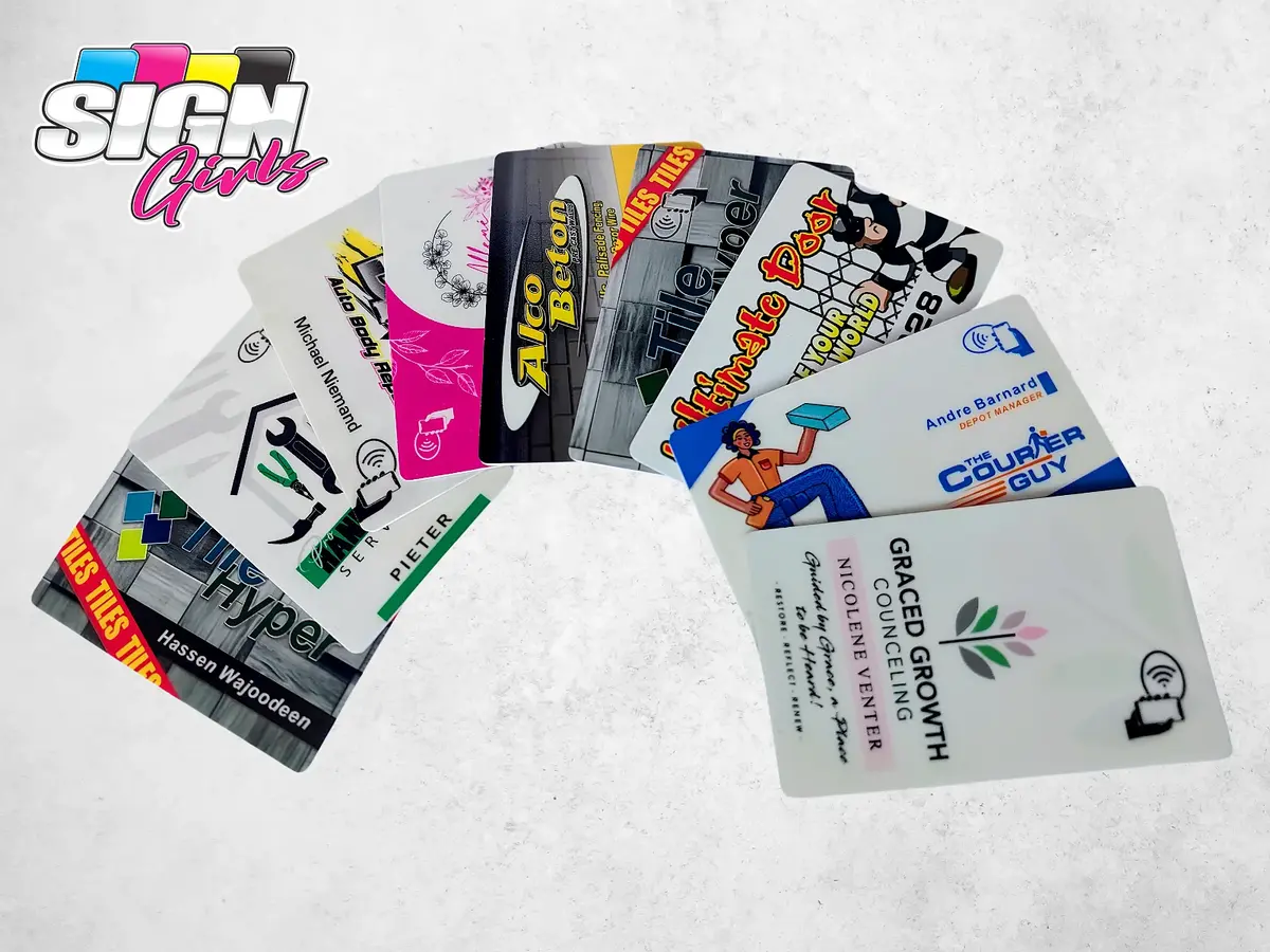 Selection of custom NFC digital business cards produced by Sign Girls
