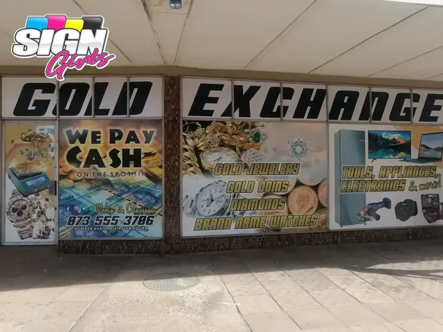 Gold Exchange storefront branding and window graphics