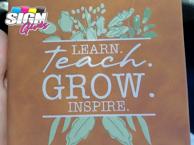 Custom branded notebook cover with Learn Teach Grow Inspire design